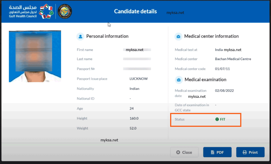 result for the medical examination