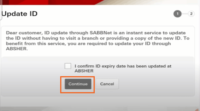 update id in sabb bank by clicking on continue