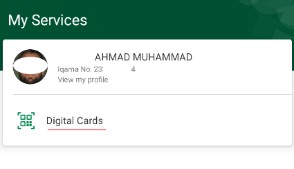 in absher app select the digital cards option